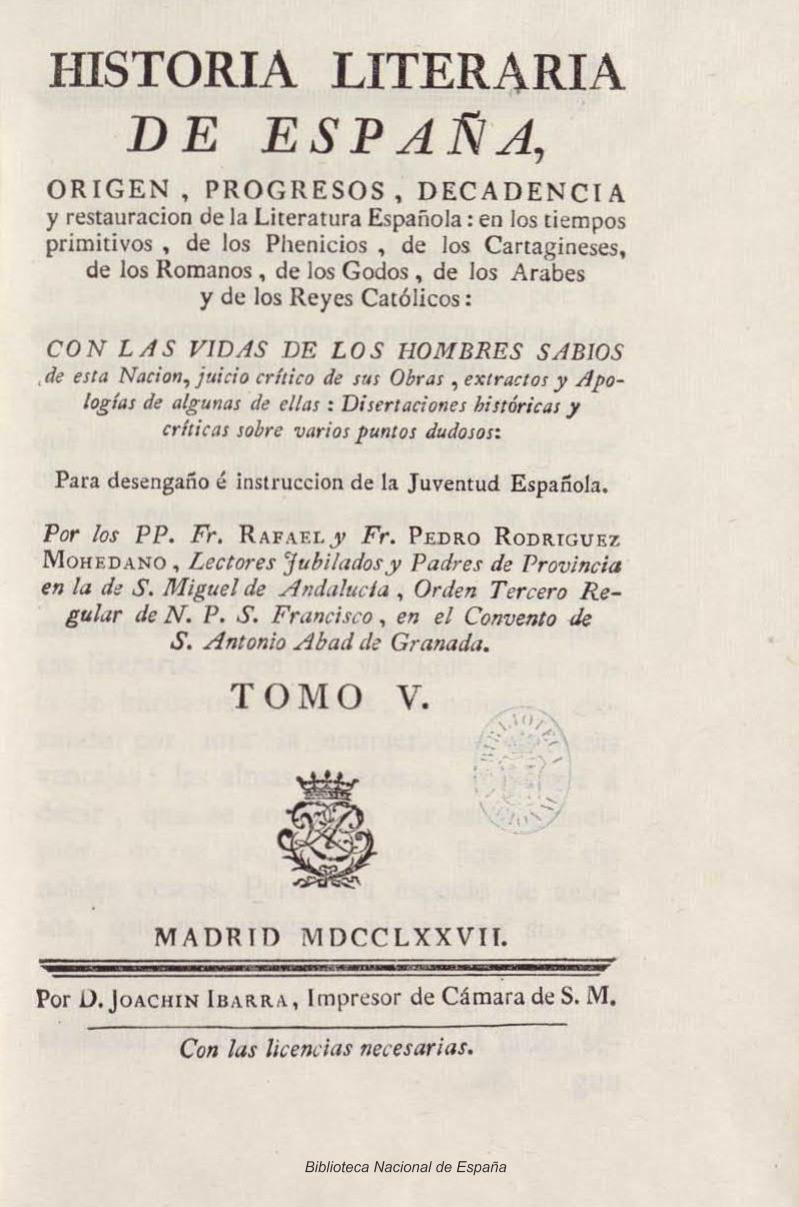 Historia literaria de España. Origen, progresos, decadencia y restauración de la literatura española, Tomo V